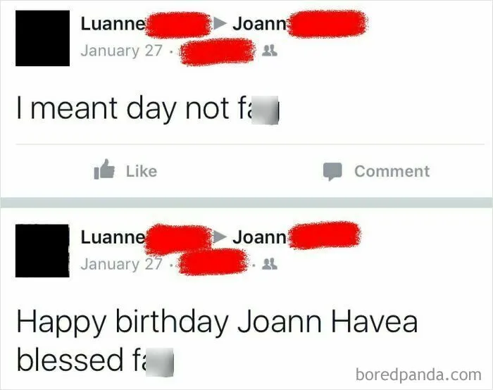 Boomers social media fails with humorous typo correction in Facebook posts.