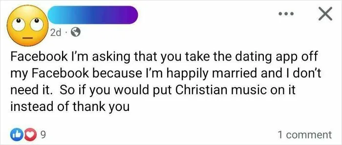 Boomers' social media fails highlighted by a humorous post about removing a dating app for Christian music on Facebook.