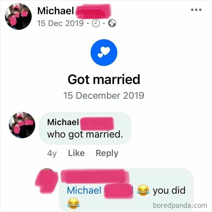 My Grandad, Who Has Been Married Since 1982, Tried To Fill In His Profile Info, And Accidentally Made A Marriage Announcement Post… In 2019. He Also Replied To His Own Post