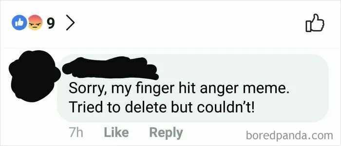 Boomers social media fails: User mistakenly reacts with anger emoji and comments on the error.