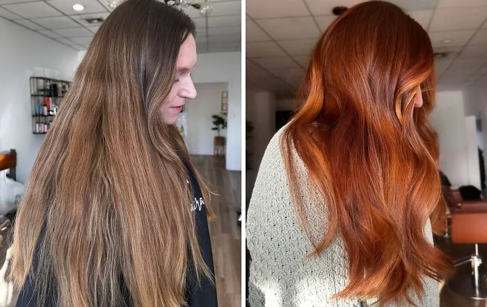 Comparación de antes y después de un buen corte de pelo mostrando cómo cambia el rostro con nuevo estilo y color vibrante.