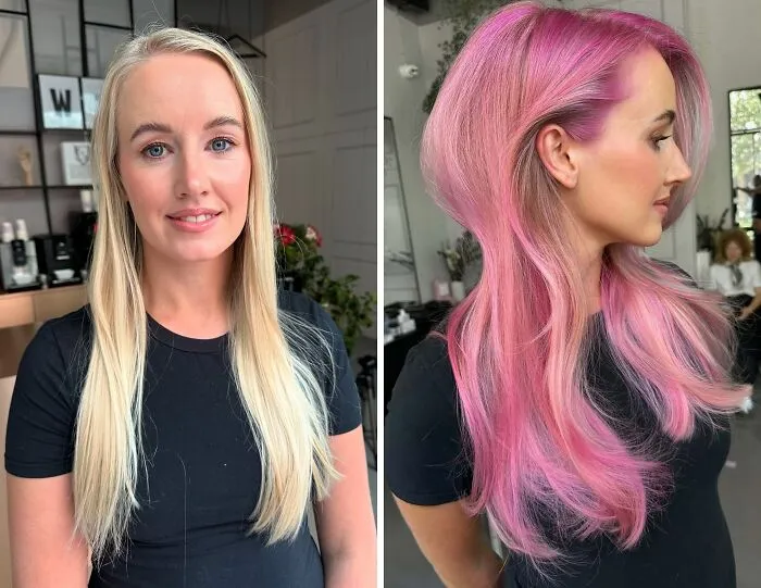 Mujer con cambio de look mostrando corte de pelo y color rosa que transforma su rostro y estilo personal.