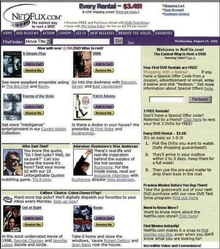1999 Netflix webpage showcasing new movie rentals and offers, highlighting popular '90s films for users to explore.