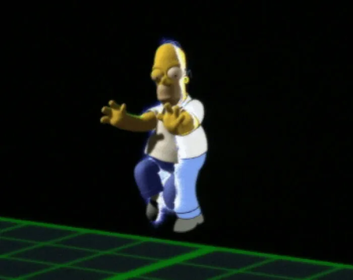 Animated character in a 3D virtual space, representing iconic '90s nostalgia.