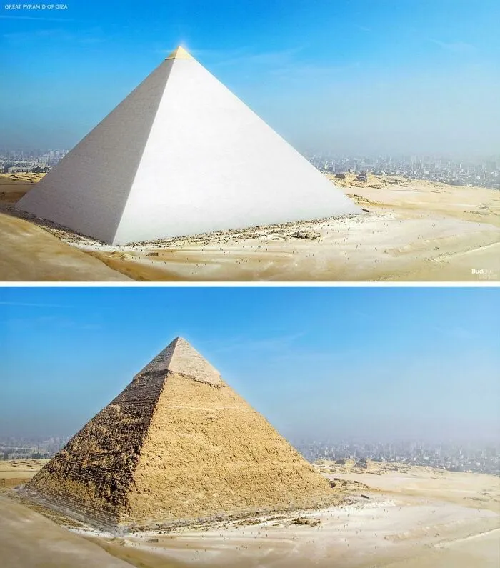 Ancient artefact: Great Pyramid of Giza then and now, showing its original polished appearance and current state.