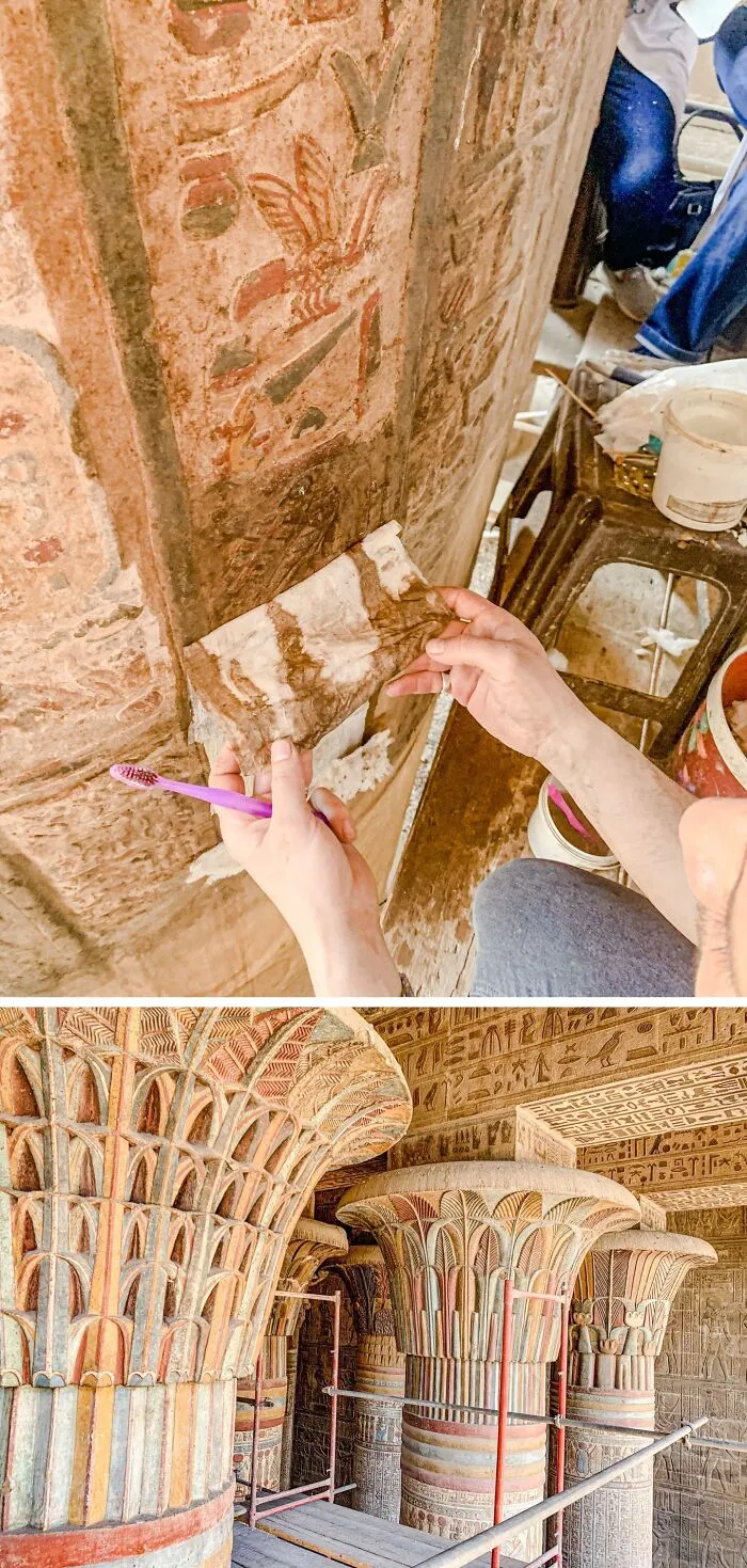 Años de restauración en el templo egipcio de Esna, de 2.200 años de antigüedad, han revelado sus vibrantes colores originales, cubiertos por siglos de suciedad, hollín y caca de pájaro.