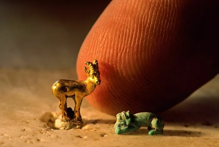 Un carnero de oro y un león de piedra hallados en una tumba del yacimiento arqueológico de Gonur Depe (fechado entre 2400 y 1600 a.C.), en Turkmenistán.