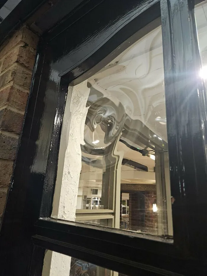 Clear Glass Warped Window Pane (Decoration?), UK Pubs, Shops And Houses. Found On A Door Or Window With Other Normal Glass Window Panes