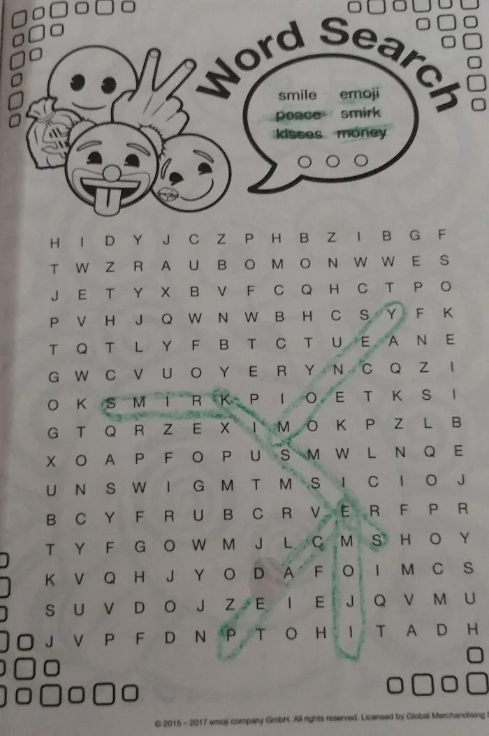Poorly designed word search puzzle with emojis, featuring circled words like "smirk" and "money" in green.