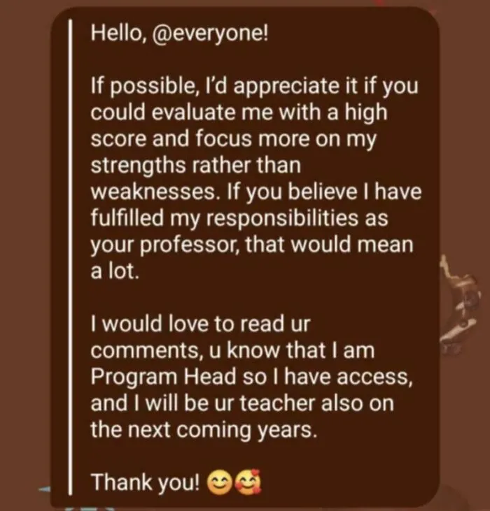 Text message from a teacher requesting positive evaluations, referencing their role as Program Head.