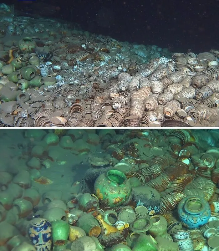 Ancient artefacts underwater, featuring numerous pottery pieces and vases, beautifully preserved over time.