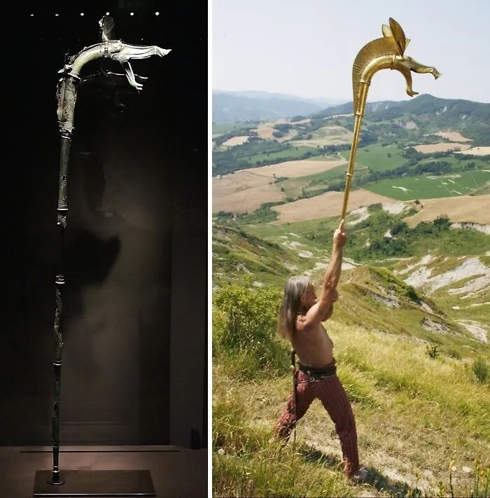Ancient artefact: intricate staff in a museum and man holding a replica against a scenic mountain backdrop.