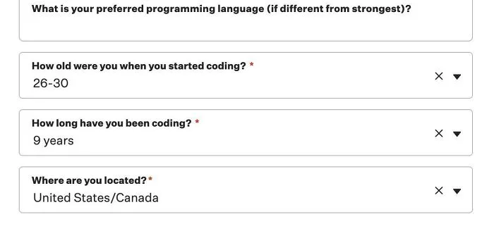 Online form showing questions about coding experience and location, illustrating outrageous job requirements in hiring processes.