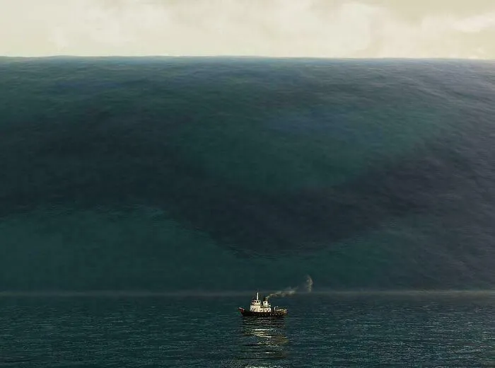 Fishing boat dwarfed by a massive ocean wave, illustrating the concept of megalophobia with scarily big natural forces.