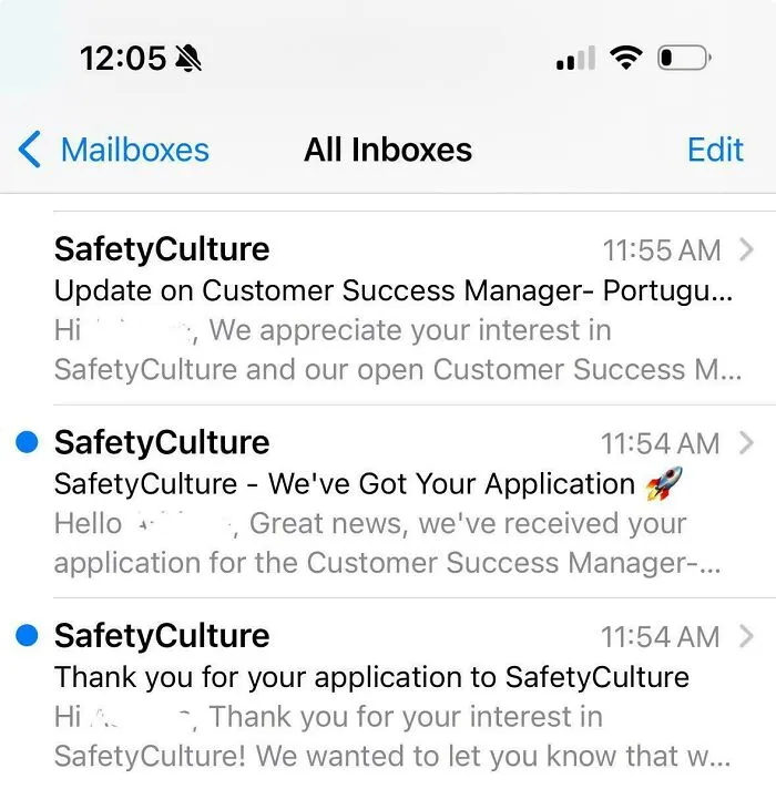 Inbox on a smartphone screen showing job application emails from SafetyCulture, highlighting unusual job requirements that made people nope out.