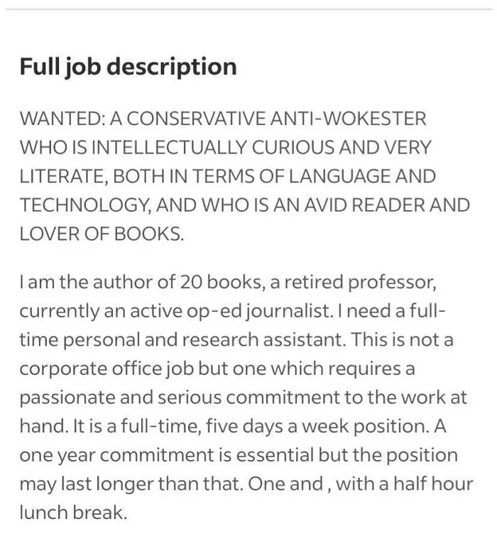 Job description seeking a conservative, literate research assistant with passion, commitment, and a love of books.