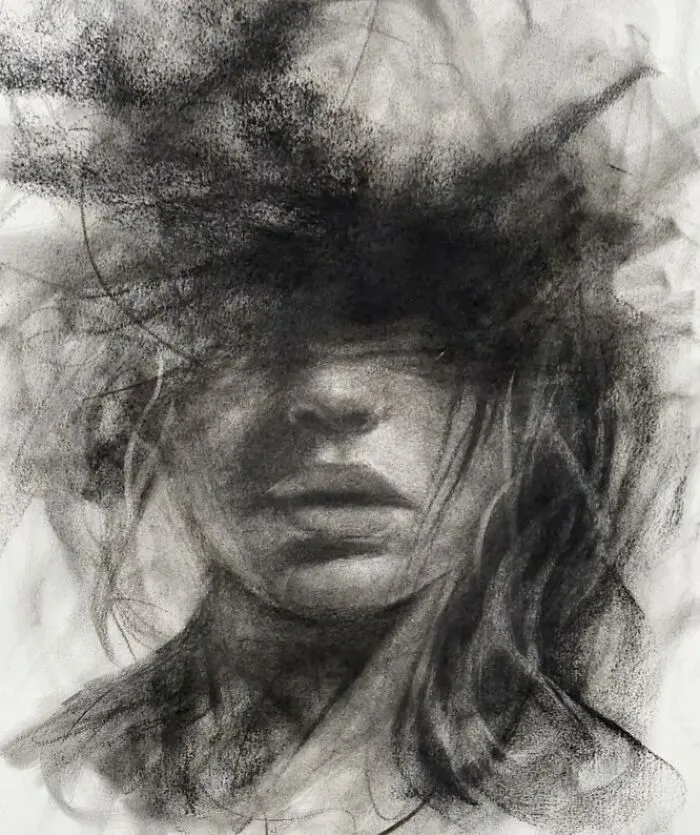 Charcoal portrait by Josh Hernandez, depicting a face obscured by expressive, swirling strokes.