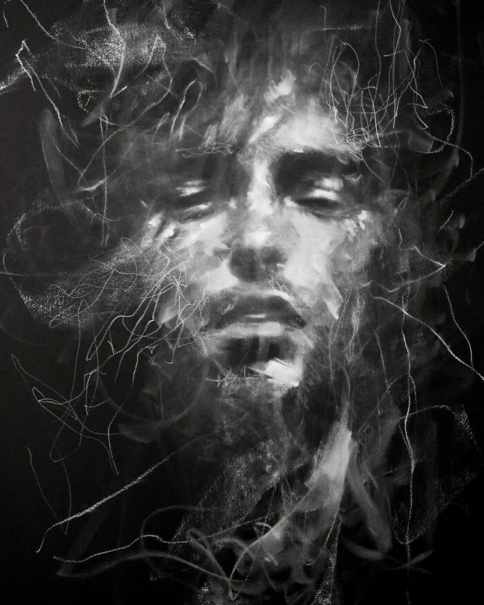 Charcoal portrait by Josh Hernandez, featuring an abstract, ethereal face with swirling lines.