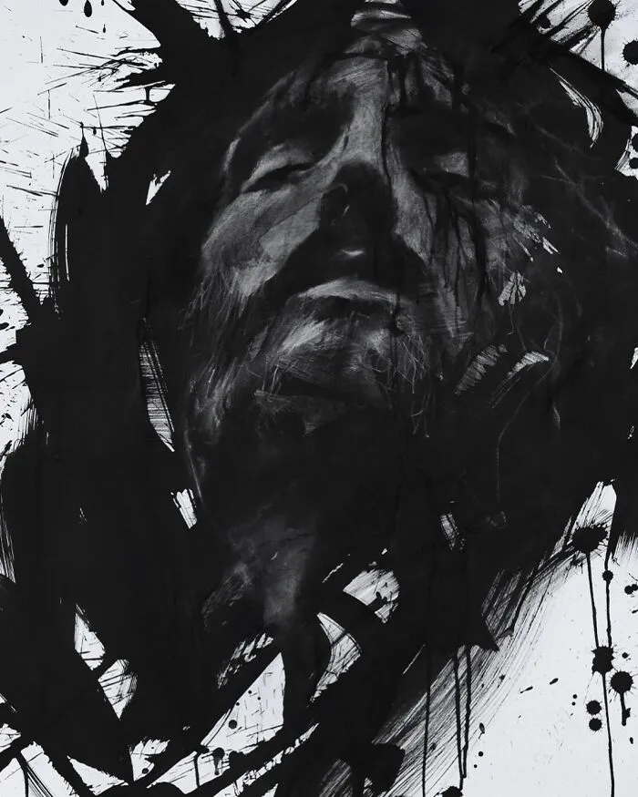 Charcoal portrait by Josh Hernandez featuring an expressive close-up of a face with abstract strokes.