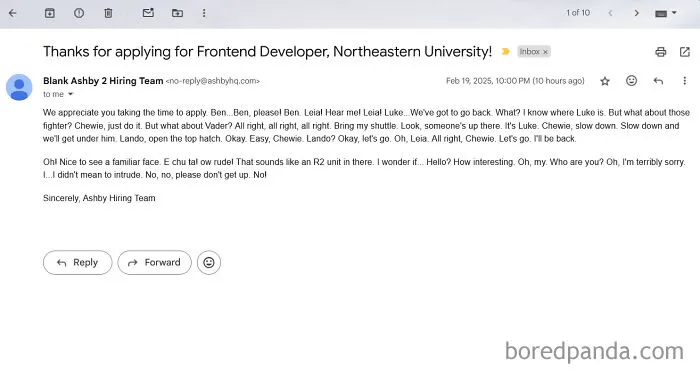 Email screenshot showing a confusing job application response with humorous Star Wars references, highlighting outrageous job requirements.