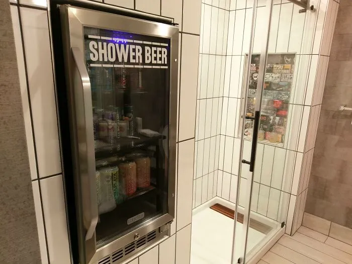 The Hotel I Stayed At Last Weekend Has A "Shower Beer" Fridge By The Shower