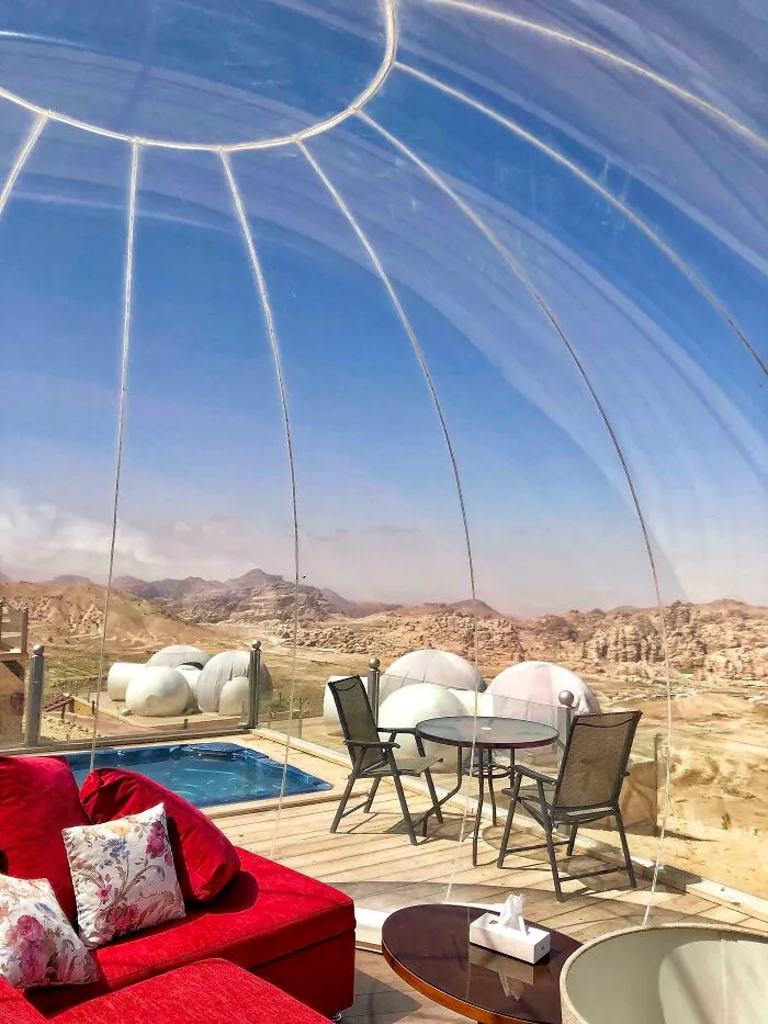 Mi habitación de hotel burbuja en Petra, Jordania. De noche, se veían todas las estrellas en el cielo.