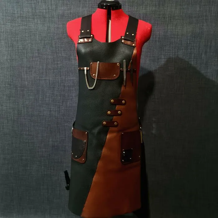 DIY project: handcrafted leather apron on a dress form, featuring brown and black panels with pockets and metal accents.