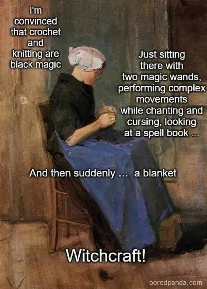 Classical art meme humorously depicting knitting as witchcraft with text overlay.