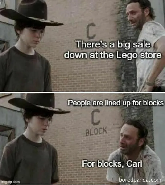 Scene from a show used as a dad humor meme about a Lego store sale, with a play on words about being "lined up for blocks."