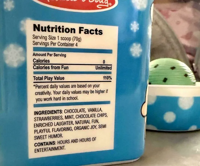 Nutrition facts label parody showing unlimited calories from fun and 110% total play value, highlighting moderately interesting product details.