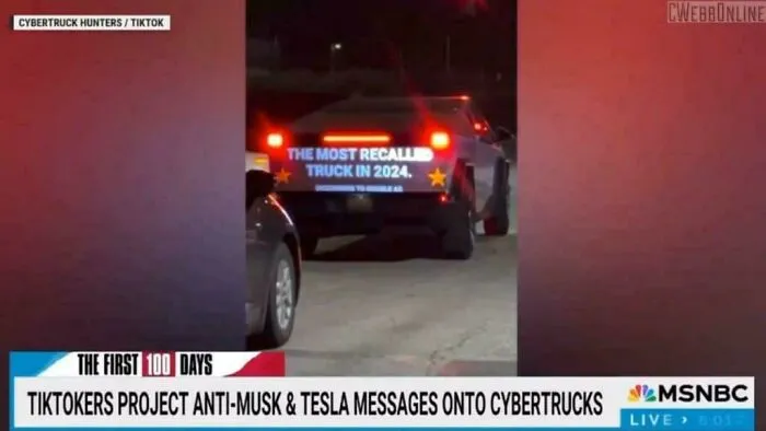 Tiktokers Are ‘Hunting’ Tesla Cybertrucks To Project Anti-Musk Messages On The Tailgate 