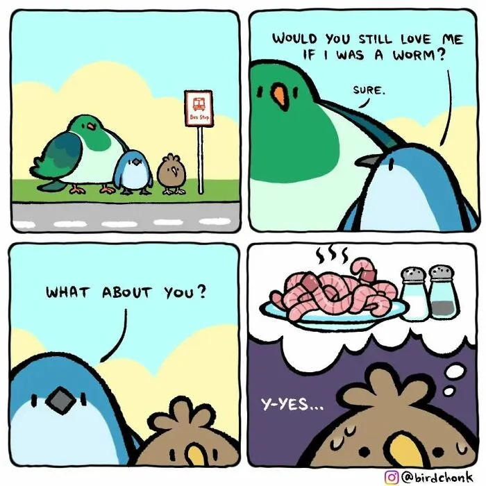 Hilariously Relatable Comics Featuring Birds With Reversed Roles, By Birdchonk (37 Pics)