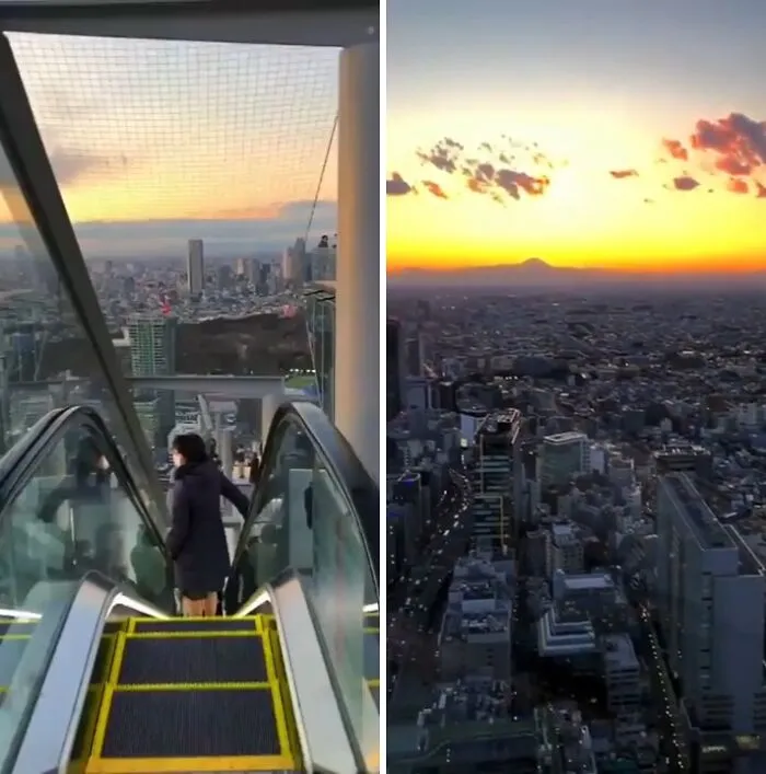 Persona bajando en escalera mecánica con vista panorámica de ciudad al atardecer, sorprendiendo a viajeros en otros países.
