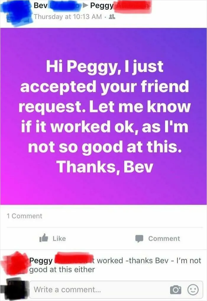 Boomers navigating social media; message confirming a friend request with uncertainty about online skills.