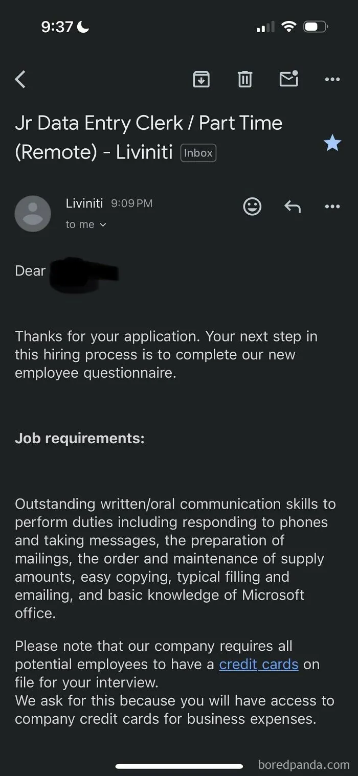 Email screenshot showing outrageous job requirements asking applicants to provide credit cards for interview as part of hiring process