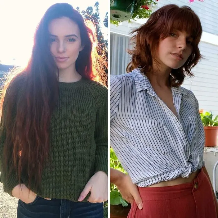 Comparación de dos mujeres con diferente corte de pelo mostrando cómo un buen corte puede cambiar el rostro.