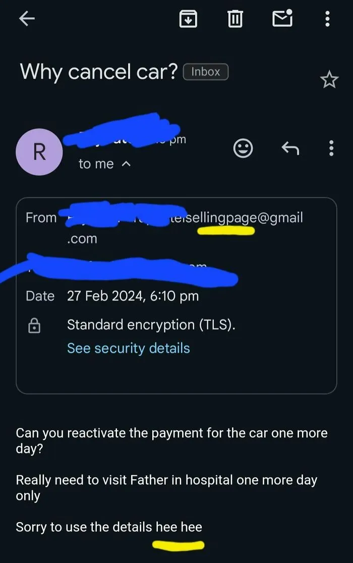 Details Were Stolen From A Selling Page And Used To Book A Car Rental. Email I Received When I Cancelled The Booking