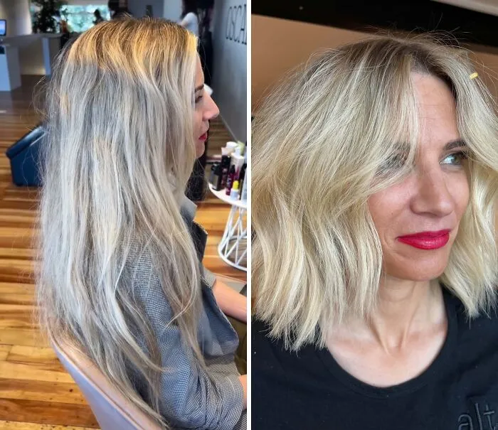 Antes y después de un corte de pelo que demuestra un cambio notable en el rostro con un estilo moderno y fresco.