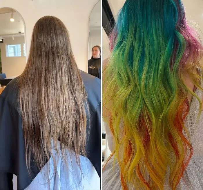 Antes y después de un buen corte de pelo con cambio radical en color y estilo que transforma el rostro y apariencia.