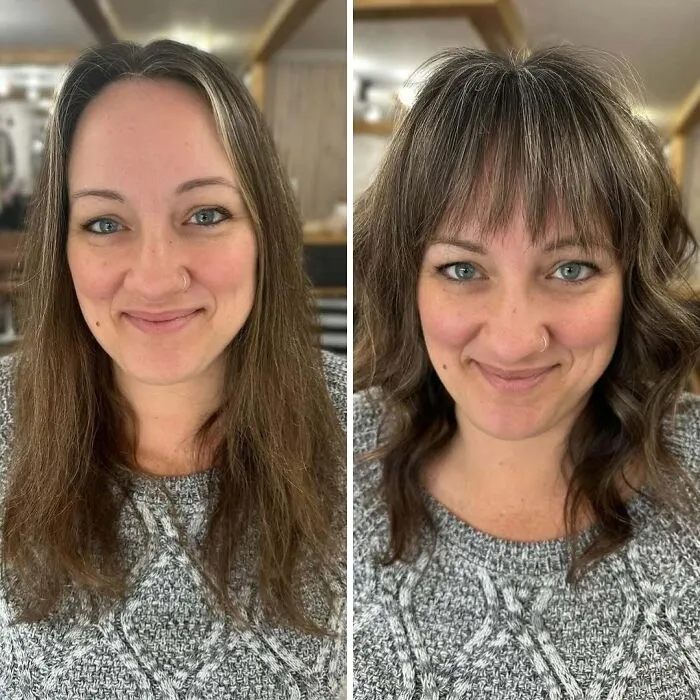 Mujer sonriente con cambio de look, mostrando cómo un buen corte de pelo puede transformar su rostro.