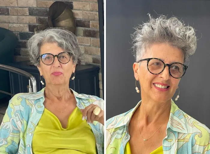 Mujer mayor con corte de pelo moderno que demuestra cómo un buen corte de pelo puede cambiar tu rostro.