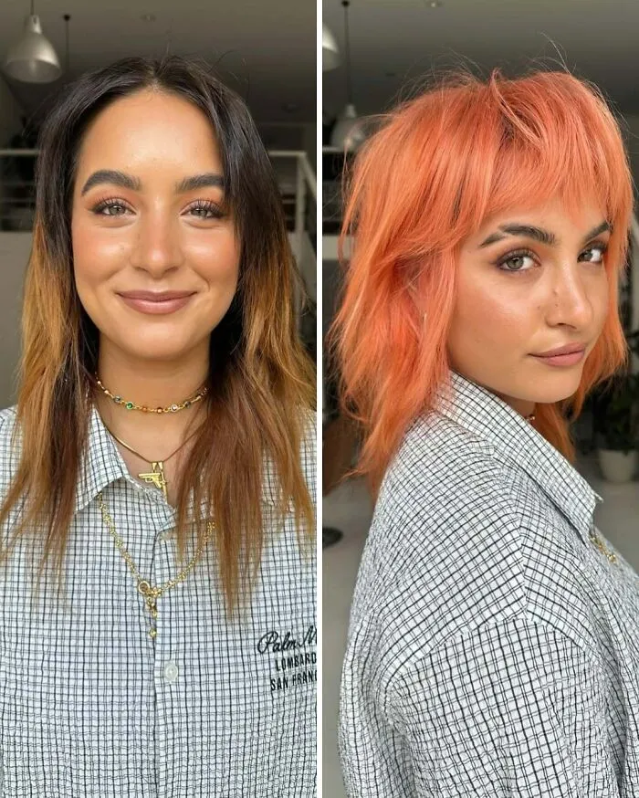 Mujer con cambio de corte de pelo y color que realza su rostro mostrando el impacto de un buen corte de pelo.