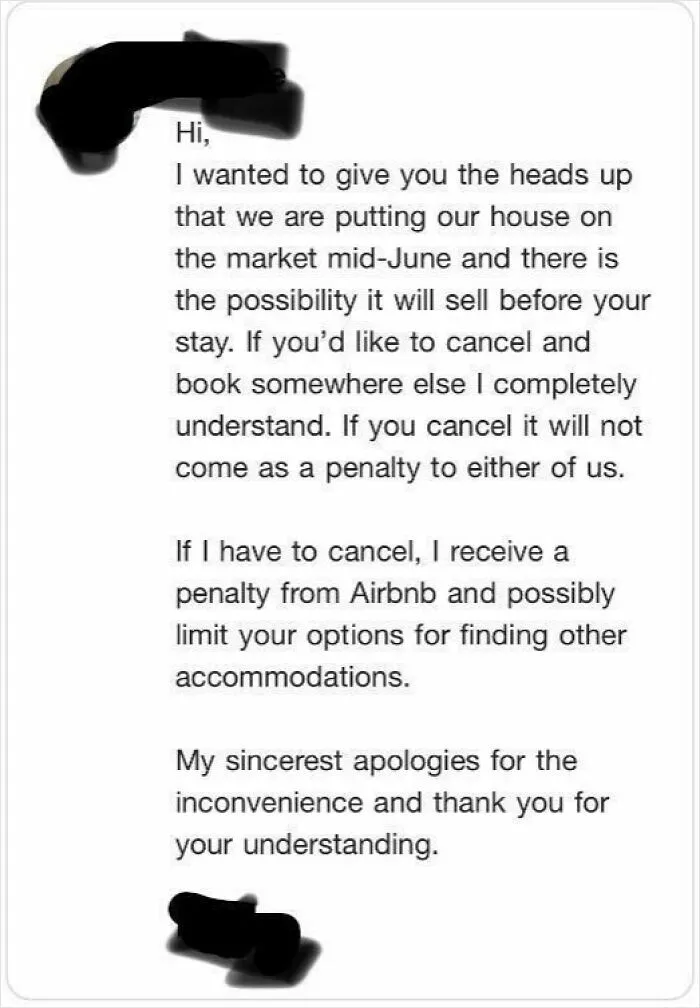 Airbnb Host Sent This 6 Weeks Out From Our Stay