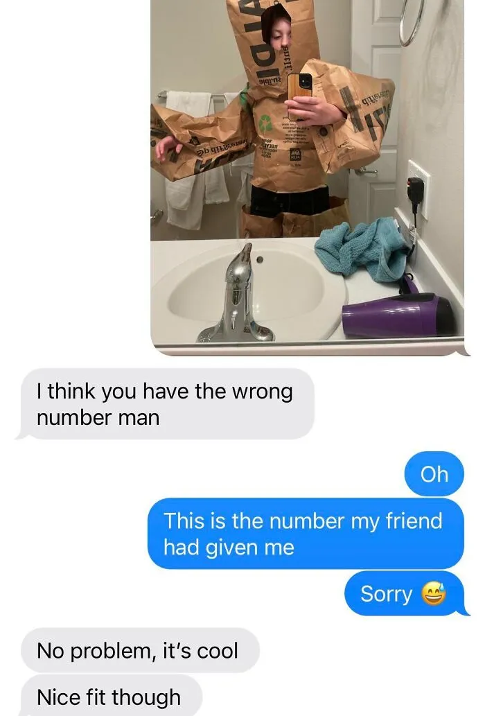 Text exchange with funny message sent to wrong recipient, featuring a paper bag costume.