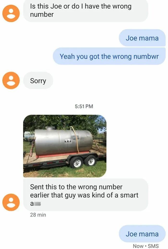 Text conversation with a funny reply revealing a wrong recipient, featuring an image of a tank on a trailer.