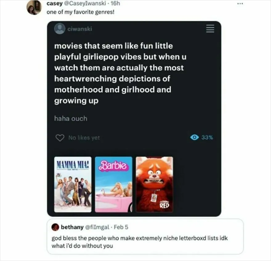 Funny meme about unexpectedly emotional movies with playful covers, featuring Mamma Mia, Barbie, and Turning Red.