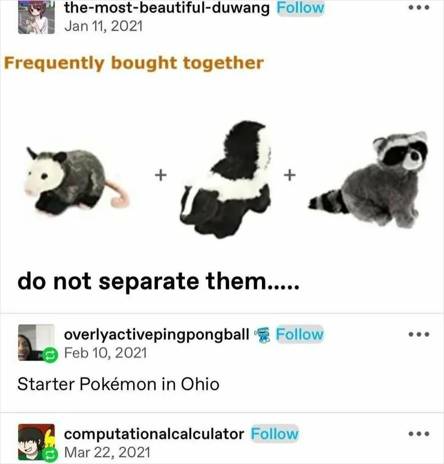 Cute animal toy trio labeled as "frequently bought together," showcasing funny Puncrastination memes.