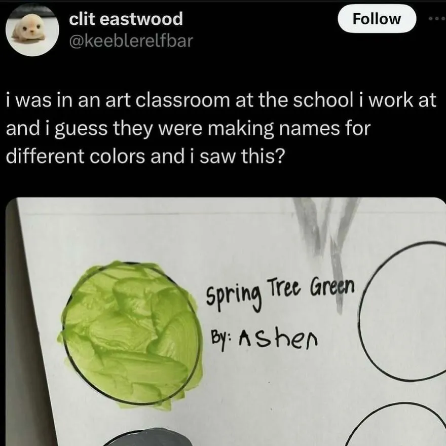 Funny puncrastination meme about a color named "Spring Tree Green" in an art class setting.