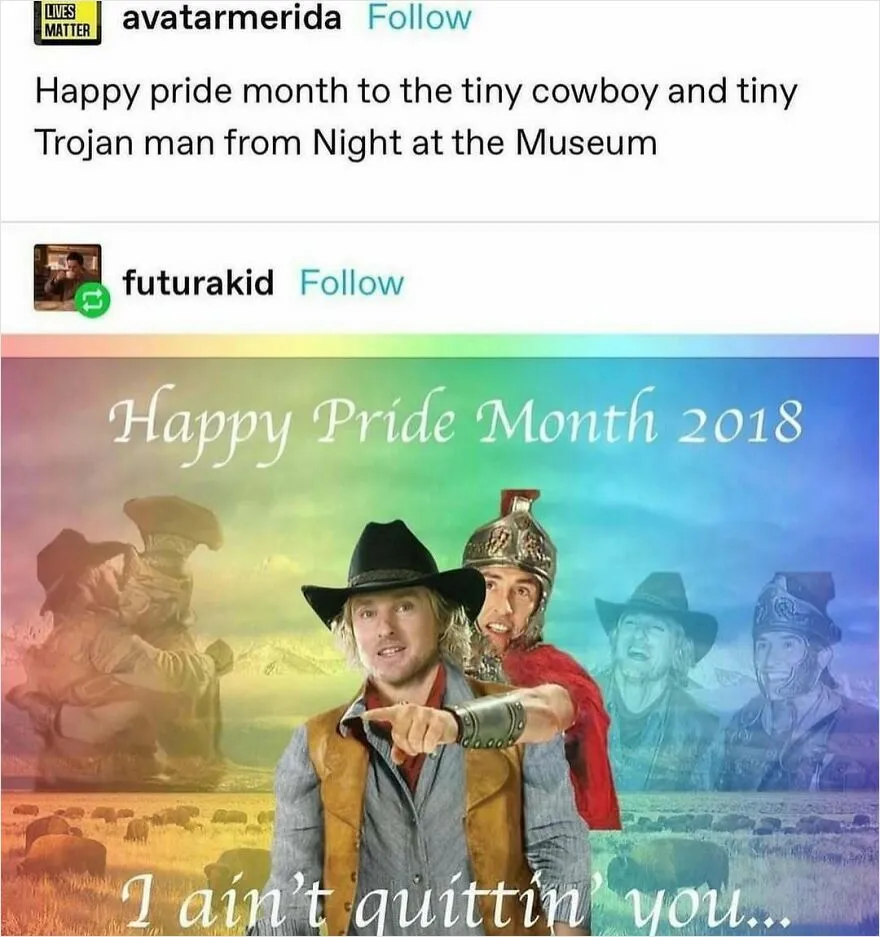 Funny puncrastination meme featuring tiny cowboy and Trojan man with pride message.
