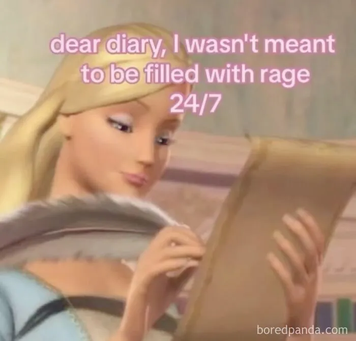 Cartoon woman writing in diary, caption reads "dear diary, I wasn't meant to be filled with rage 24/7" - girly memes theme.